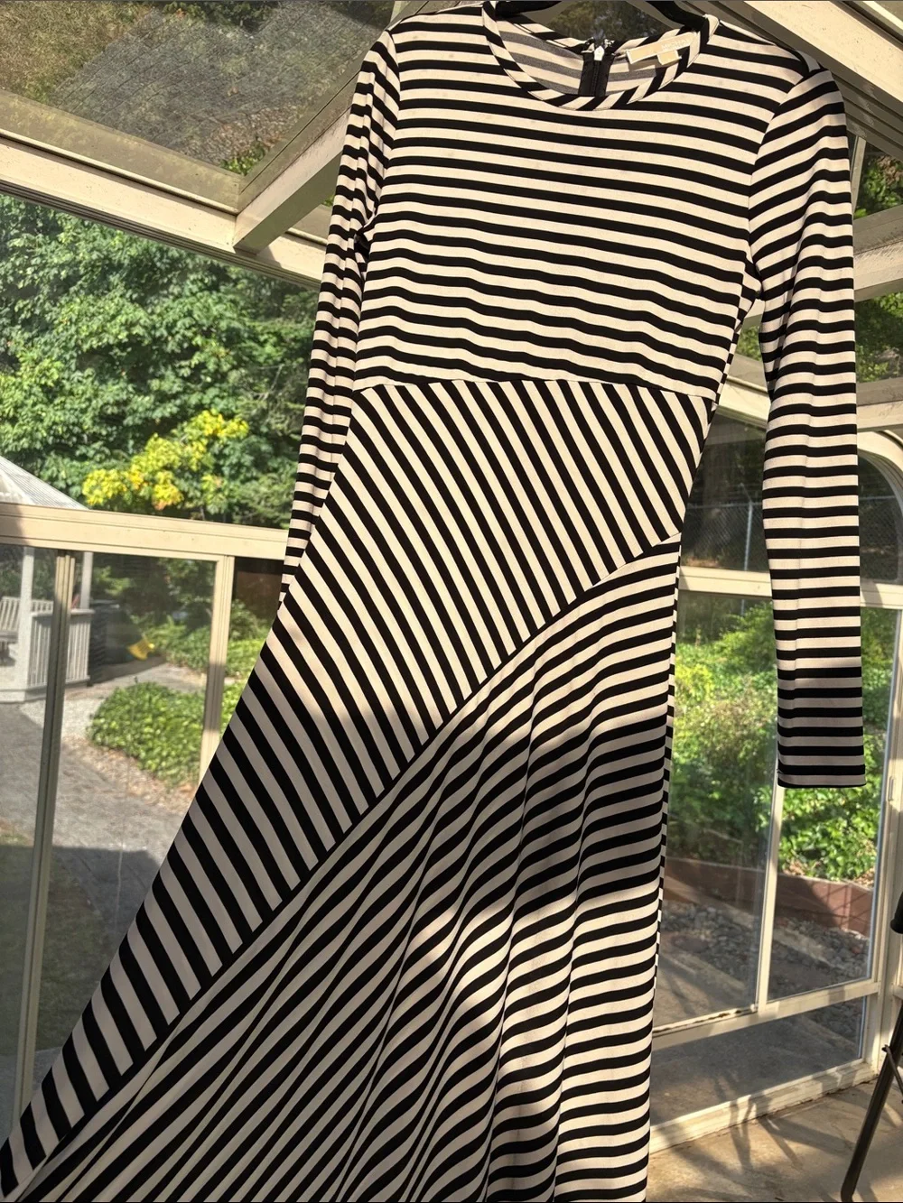 Michael Kors Black and Bone Striped Long Sleeve asymmetrical dress